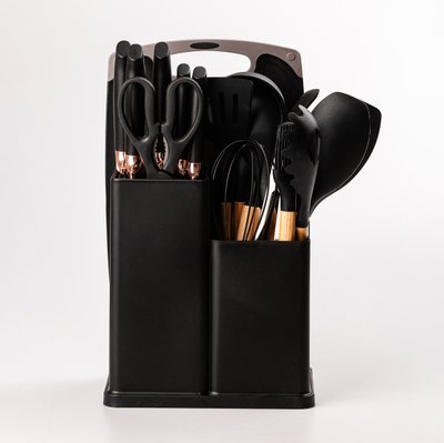 Набір кухонного приладдя на підставці 19 штук кухонні аксесуари з силікону з бамбуковою ручкою Чорний HP6G фото